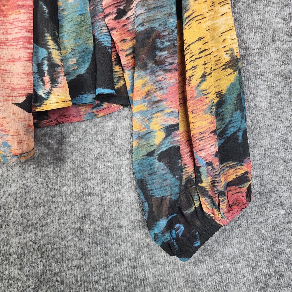 Rachel Zoe Blouse Womens Medium Multicolor Abstract Ruffle Neck Sheer Boho Top - Picture 9 of 11